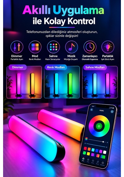 Nova 2 Li Rgbıc Masaüstü Led Lamba Telefon Ve Kumanda Kontrollü, Yatay Ve Dikey Kullanım Rgb-ıc