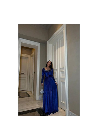 Alfa Aksesuar 03 Kare Kemerli Abiye Kollu Elbise Uzun Yaka Saks