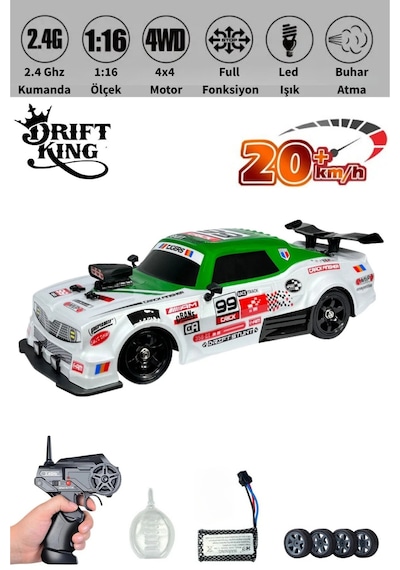 Uzaktan Kumandalı Şarjlı 4x4 Drift Arabası 1:16 Işıklı Buhar Efektli Rc Yarış Arabası Çok Renkli