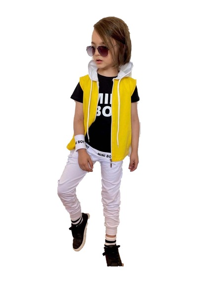 Riccotarz Erkek Çocuk Mini Boy Yazı Ve Şerit Detaylı T-shirt Kolsuz Sarı Yelek Eşofman Takım Buz Mavi