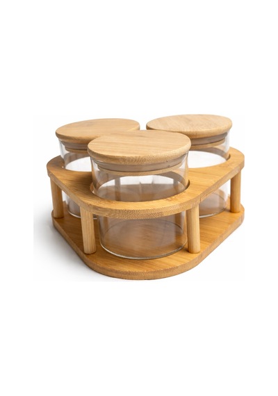 Bambu Standlı 3 Lü Cam Baharatlık Seti Kapaklı, Şık Mutfak Düzenleyici 8x8 Cm Kavanoz Şeffaf