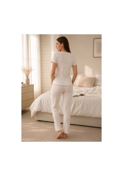 Pijamask Kadın Ekru Fitilli Pamuklu Pijama Takımı Kısa Kollu Bisiklet Yaka Uzun Pantolon Rahat Ev Giyim P10-112 Ekru