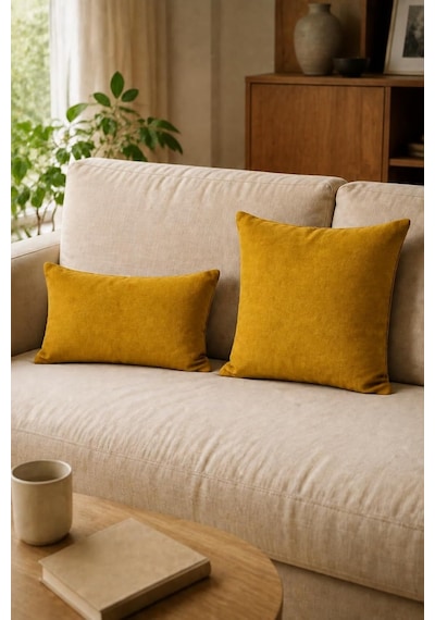 Cortibo Barcelona Kadife Dokulu Kırlent Kılıfı 45x45cm Koyu Sarı Çok Renkli