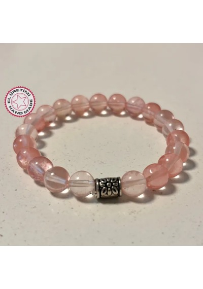 Uretti - Şerife 8341 - El Yapımı Çilek Kuvars Doğal Taş Kadın Bileklik 16cm - Pembe Pembe