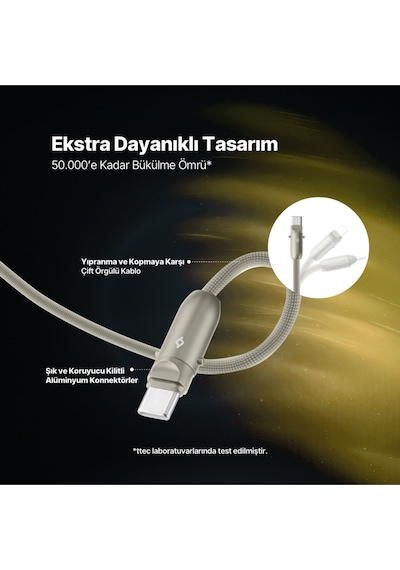 Ttec Extremecable Hip Çok Fonksiyonlu Ekstra Dayanıklı USB-C –USB-C 60W PD/Qc 120 CM Hızlı Şarj/Data Kablo Altın