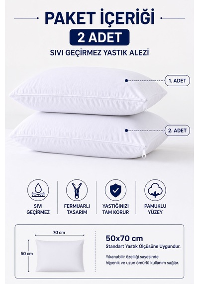 Sıvı Geçirmez Yastık Alezi 2'li 50x70 Cm Pamuklu Fermuarlı Puresleep Beyaz