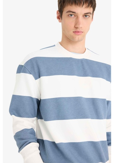 Defacto Boxy Fit Bisiklet Yaka Çizgili Sweatshirt A9066ax25augr171 Gri