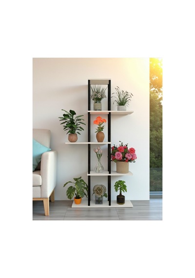 5 Raflı Dekoratif Bitki Standı Sökülebilir Kolay Kurulum Saksı Rafı Salon Balkon Çiçeklik Organizer Beyaz