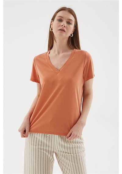 Fashion Friends V Yaka Turuncu Kadın Bluz 26y0144k1