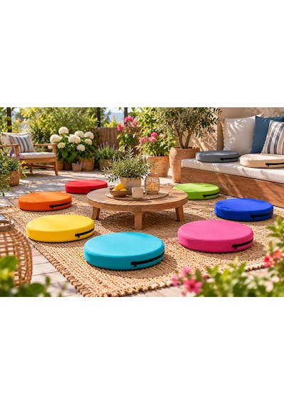 Kreş Anaokulu Yuvarlak Oyun Minderi Aktivite Minderi 40x40x5 Cm - Sandalye Minderi - Bahçe Dekor Minderi Yuvarlak Minder Mavi - Beyaz