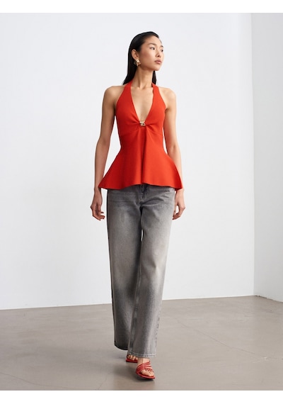 Dilvin 10787 Halter Yaka Peplum Triko Bluz-a.kırmızı