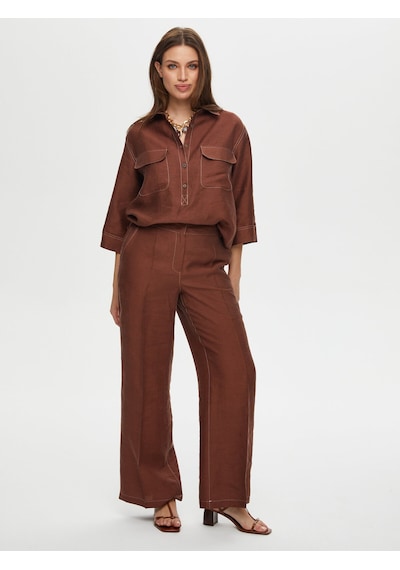 Faik Sönmez Wide Leg Fit Ütü İzli Tensel Keten Pantolon S25pnt018 Us25pnt01830 Kahve