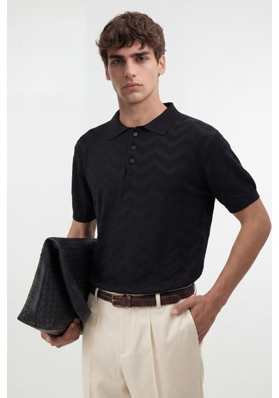 Antioch Zigzag Desenli Polo Yaka Triko Erkek T-shirt Siyah