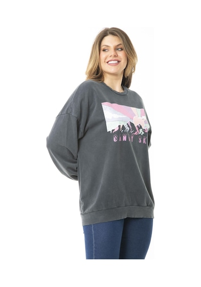 Şans Kadın Büyük Beden Füme Dijital Baskılı Sweatshirt 65n37159-füme Füme