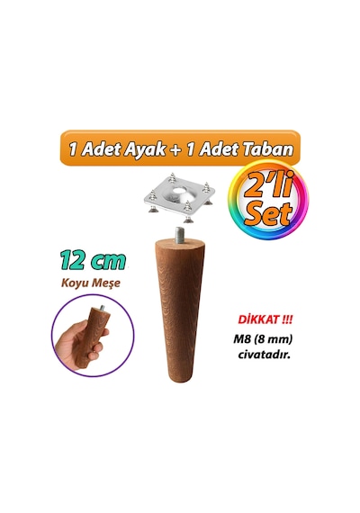 Ahşap Ayak 12 Cm 2'li Set Koyu Meşe M8 Civatalı Bağlantı Aparatlı Dolap Mobilya Koltuk Kanepe Destek Ayağı Ayakları Koyu Meşe
