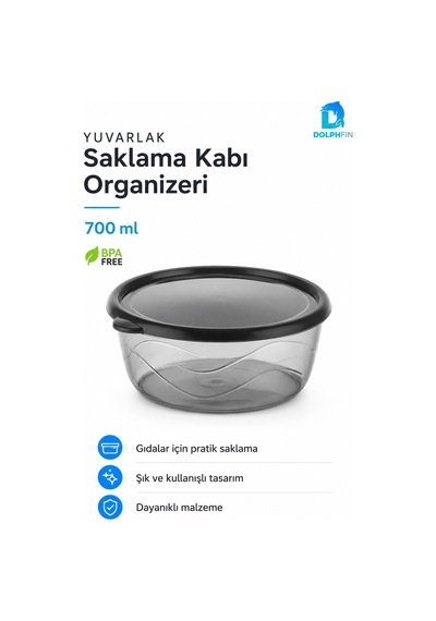Yuvarlak Saklama Kabı 700 Ml 14,5x14,5x6 Cm Şeffaf Siyah Kapaklı Bpa İçermez