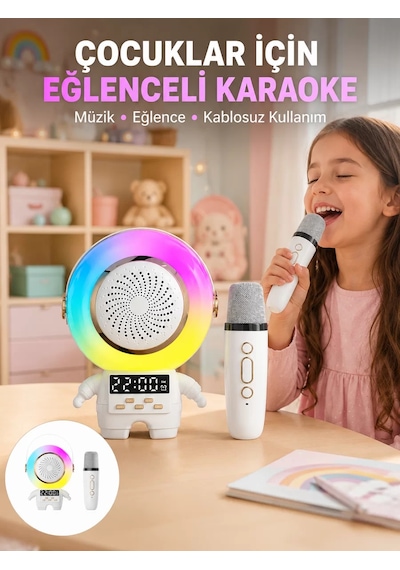 Renkli Işıklı Astronot Mini Bluetooth Speaker Ve Karaoke Mikrofon Mh-hs3544-2262