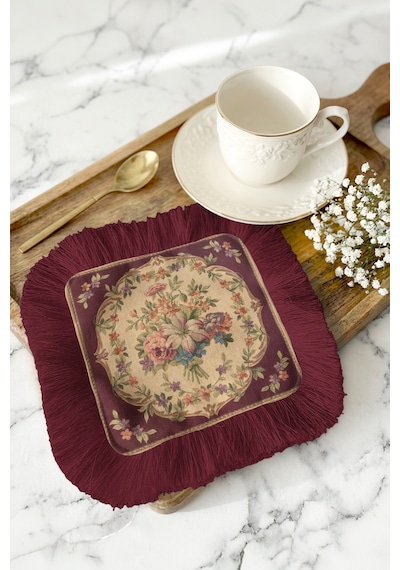 Zarif Vintage Çiçekli Saçaklı Sunum Servis Altlığı Mendil-chic Nostaljik Bordo Krem Sunumluk Peçete Çok Renkli