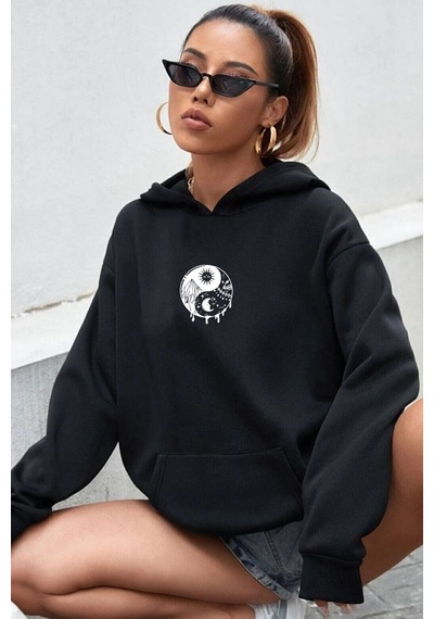 Uyguntarz Unisex Yin & Yang Tasarım Sweatshirt siyah