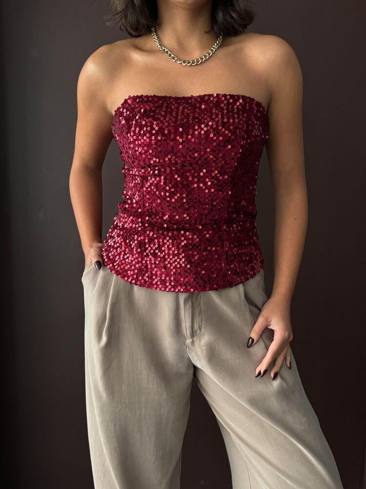 Ckm Moda Rubina Payetli Straplez Bluz Bordo