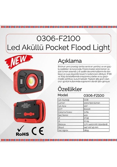 Brio Usb Şarjlı Led Fener Lamba 1000 Lümen Güçlü Işık Tamirci Feneri