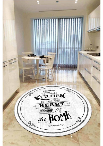 Beyaz Kaymaz Kitchen Yazılı Yuvarlak Mutfak Halısı Ar508