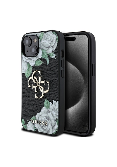 Apple Uyumlu iPhone 15 Kılıf Guess Lisanslı Gül Baskılı Büyük Metal Logo Dizaynlı Kapak Siyah