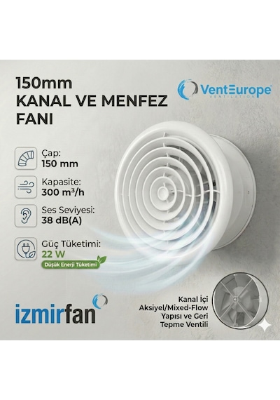 Circle 150 Bd 15 Lik Yuvarlak Sessiz Banyo Aspiratörü Klapeli 150 Mm Havalandırma