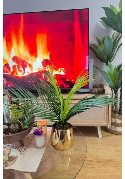 Yapay Çiçek Palmiye Areka Yapay Bitki Gold Metal Saksı Salon Çiçeği 9 Yaprak 50cm