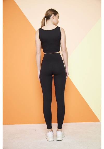 Thıff Gymwear Haki Yüksek Bel Fitilli Toparlayıcı Interlok Örme Spor Dar Paça Kadın Tayt Siyah