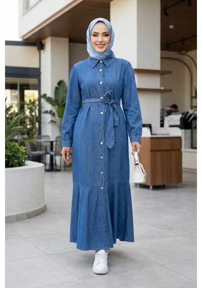 Hb Harma Time Butik Kadın Düğmeli Kuşaklı Koyu Kot Mavi Elbise Koyu Mavi Koyu Mavi