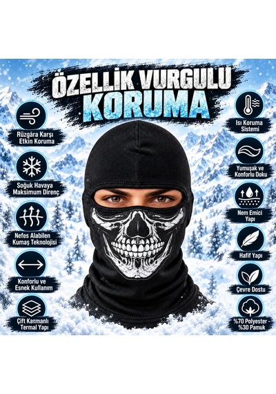Womanandkids Wak Unisex Kurukafa Desenli Balaklava Kışlık Tam Yüz Maske Nefes Alan Esnek Kask Altı Boyunluk Siyah Set