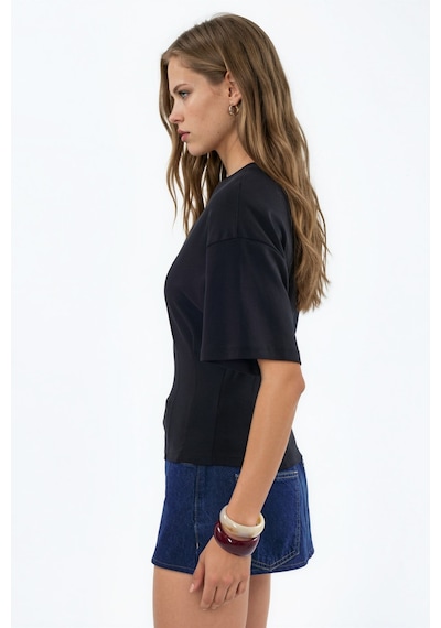 Hiccup Busem Women S Cotton Ribbed Crew Neck Blouse Siyah