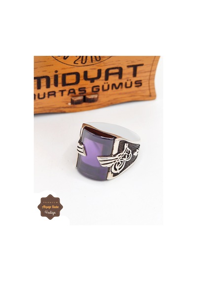 Ametist Taşlı Tuğra Motifli 925 Ayar Gümüş Erkek Yüzük 201024873 Gümüş