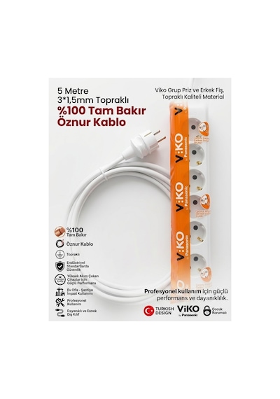 Viko 6'lı Grup Priz 5 Metre - 3x1.5mm %100 Saf Bakır Öznur Kablolu Uzatma Kablosu Çocuk Korumalı & Ark Yapmaz 5 M