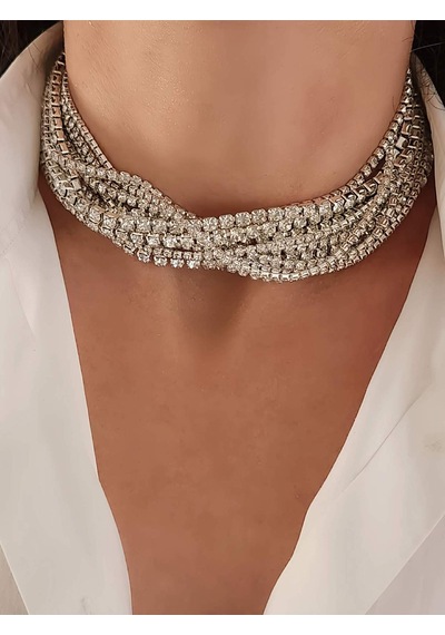Gümüş Kaplama Taşlı Çoklu Görünümlü Choker Tasma Kolye Silver