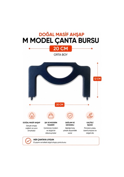 Vollen Yarn Doğal Masif Ahşap M Model Çanta Bursu 20 Cm El Yapımı Çanta Çerçevesi Çanta Aparatı Çanta Aksesuarı Siyah