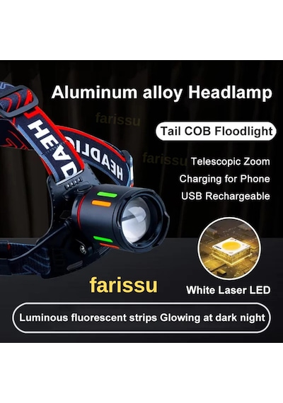 Alaska Profesyonel 30w Lazer Led Şarjlı Kafa Lambası 1 Km Menzil Zoom + Powerbank Özellikli Siyah