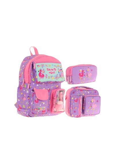 Kaukko Kids Kız Çocuk İlkokul Okul Çantası Seti - Peluş Flamingolu - Mor Pembe L5240+l7240+l8240 Mor - Pembe