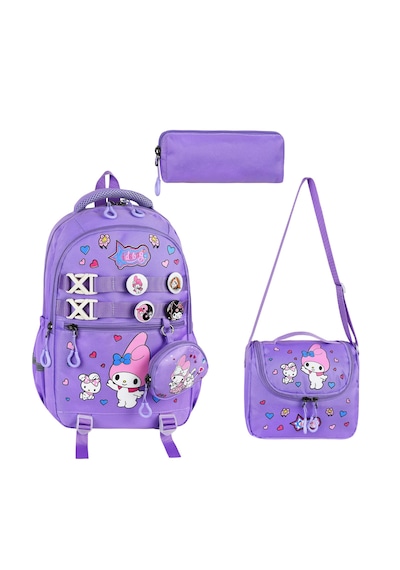 My Melody Baskılı Aksesuarlı Ortopedik Su Geçirmez Ultra Lüx Okul Çantası Termal Beslenme Ve Kalemlik Mor