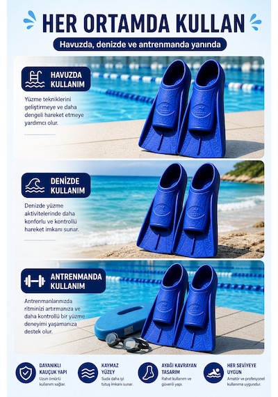 Mavi 41-42 Numara Yüzme Paleti Kauçuk Kısa Palet Havuz Deniz Antrenman Erkek Unisex Ayak