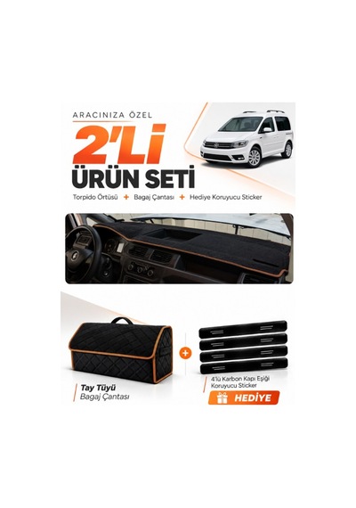 Volkswagen Caddy 2015-2019 Uyumlu Torpido Örtüsü + Tay Tüyü Çanta + Sticker - Siyah Kahverengi