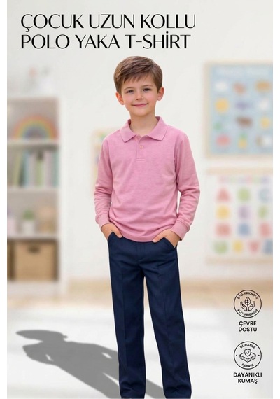 Erdem Kıds Unisex Kız Erkek Çocuk Polo Yaka Pamuklu Uzun Kol Pudra-toz Pembe Günlük Basic Okul Tişört Pembe Pembe