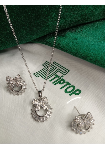 Tiptop/ Gümüş Renk Zirkon Taşlı Baget Fiyonk Model Kolye Ve Küpe Seti Gümüş