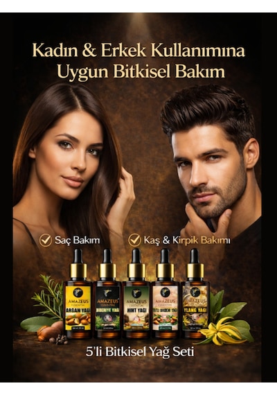 Amazeus Hızlı Uzama & Dökülme Karşıtı 7'li Bitkisel Yağ Seti Argan, Biberiye, Tatlı Badem,hint,ylang Ylang