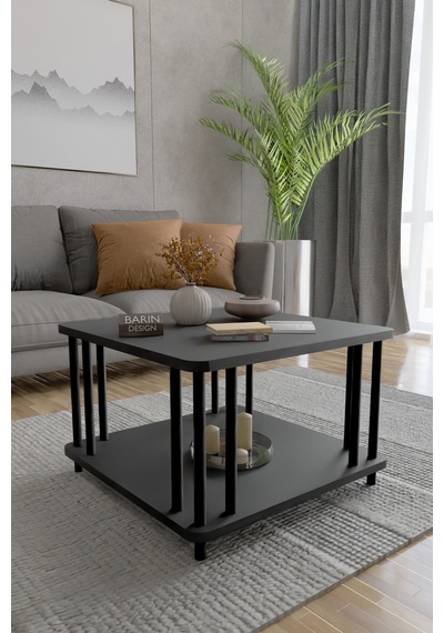 Modern Kare Orta Sehpa Çift Katlı Siyah Metal Ayaklı Salon, Ofis, Dekoratif Masa Antrasit Modern Kare Orta Sehpa Çift Katlı Siyah Metal Ayaklı Salon, Ofis, Dekoratif Masa Antrasit
