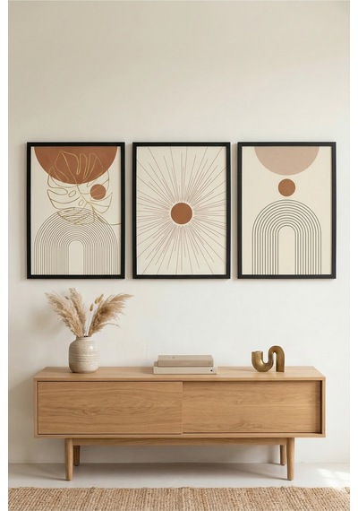 Siyah Ahşap Çerçeveli Boho Güneş Geometrik Soyut Modern Duvar Tablosu 3 Lü Set Siyah