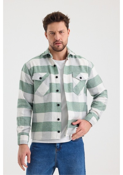 Erkek Slim Fit Gömlek Yaka Düğmeli Çift Cep Kapaklı Oduncu Ekose Gömlek Su Yeşili