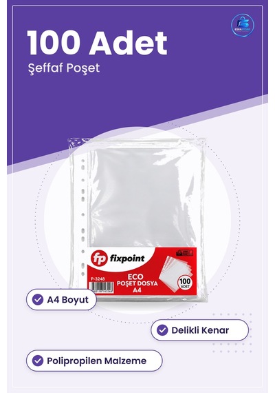 A4 Poşet Dosya Şeffaf 100 Adet Polipropilen Delikli Evrak Belge K