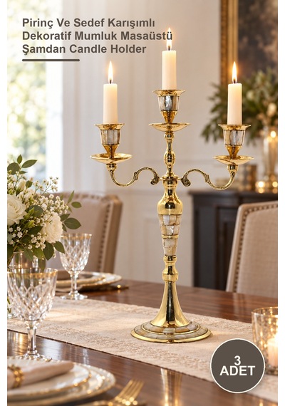 3 Adet Pirinç Sedefli Üçlü Şamdan Pirinç Ve Karışımlı Dekoratif Mumluk Masaüstü Şamdan Candle Holder Doğal